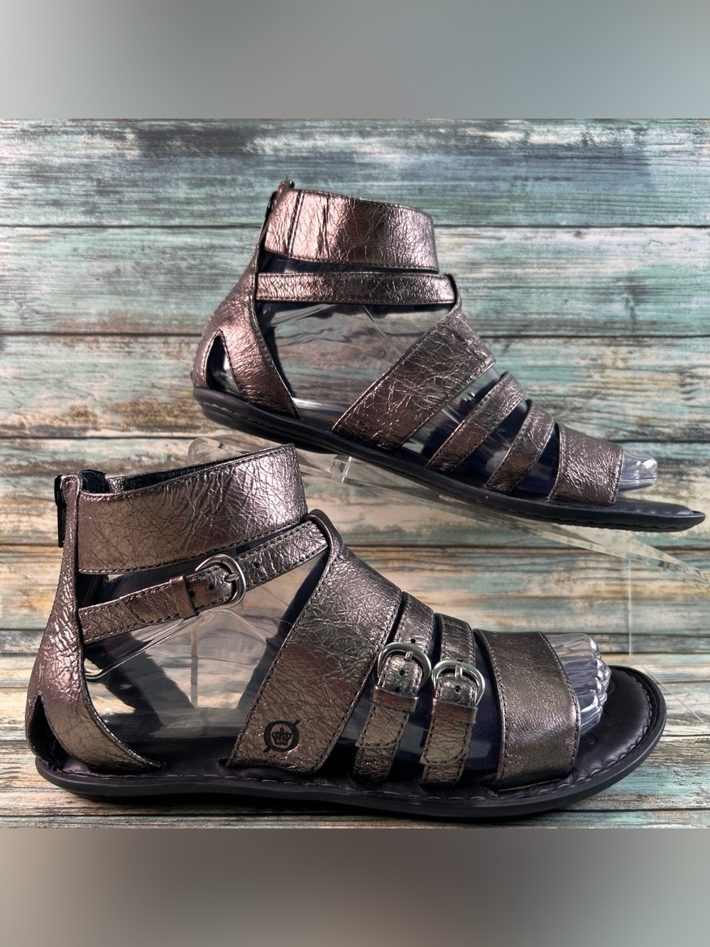 Born Gladiator Sandals Womens 7M Metallic Bronze Leather Heel Zip Up Flat Casual